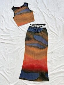 Soleia WYWH Women's Vacation Knit Crochet Vest & Split Hem Skirt Set, Suitable For Music Festival, Boho Style - Multicolor - View 5