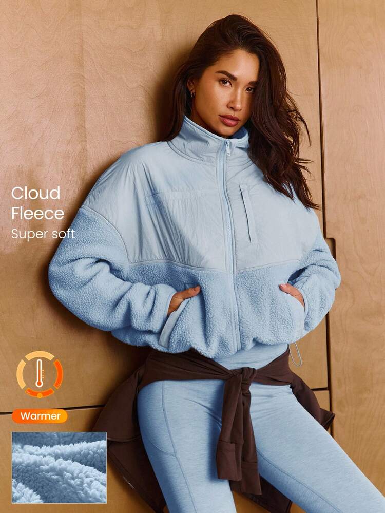 Cloud Fleece Double The Glow Two-Tone Waist-Length Drawstring Hem Zip-Up Jacket With Side Zipper Pockets Daily Casual Wear Fall Winter Fall Winter