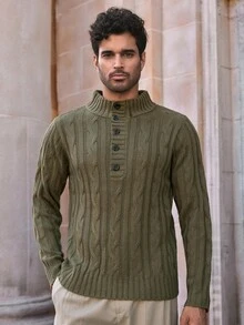 Manfinity NXTstreet Men's Fashion Winter Button Turtleneck Casual Cable Knit Sweater Knitted Men Shirt Men Knitted Sweater Cable Knit Sweater Men Men Tunic Sweater Earth Tone Sweater Men , Fall - Multicolor - View 2