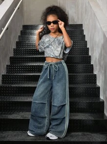 SHEIN Tween Girls Y2K Punk Streetwear Casual Color Block Side Stripe High Waisted Jeans Flap Pocket Pleated Wide-Leg Cargo Wide Leg Jeans Pants,Halloween Clothes Girl,Christmas Clothes,Girls Fall Winter Clothes Back To School Homecoming Outfits,Autumn Clothes Loose Wide Leg Pants - Medium Wash - View 6