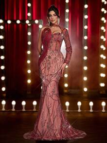Glamrae Elegant Wine Red Sequin Embroidery Mesh Splicing Mermaid Dress,Handmade 3D Patchwork One-Shoulder Fishtail Gown With Train For Formal Party & Dinner - Burgundy - View 7