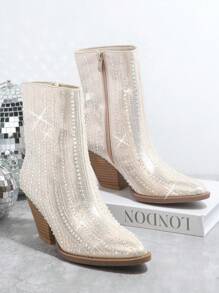 SHUZIA 金屬質感紋理質感尖頭粗跟靴子 - 香檳色 - 查看 2