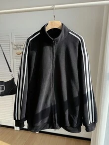 Comfortcana 加大码宽松立领夏尔巴夹克，带口袋，撞色，休闲，黑色，秋冬 - 黑色 - 查看 3