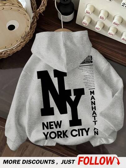 Tween Boy Casual Minimalist NY Cartoon Pattern Loose Fit Long Sleeve Hoodie Sweatshirt, Suitable For Autumn/Winter Fall