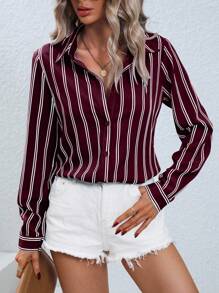 EMERY ROSE Women's Striped Button-Front Long Sleeve Shirt, Suitable For Commuting In Autumn Fall Cloth For Women - Red Violet - View 4