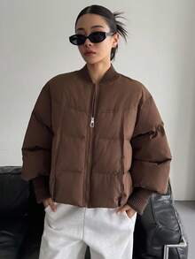 DAZY 纯色罗纹拼接女士棉服外套冬季 - 咖啡棕 - 查看 6