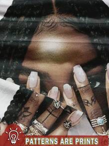 Slaydiva Camiseta de manga corta de cuello redondo holgada con estampado de huellas dactilares y retratos, estilo casual y simple, para mujer - Blanco - Ver 3