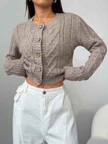 SHEIN PETITE Women's Loose Fit Solid Color Crew Neck Long Sleeve Cardigan, Suitable For Vacation Knit Cardigan Brown Cardigan Cardigan Sweater Cable Knit Cardigan Cropped Cardigan In Fall/Winter