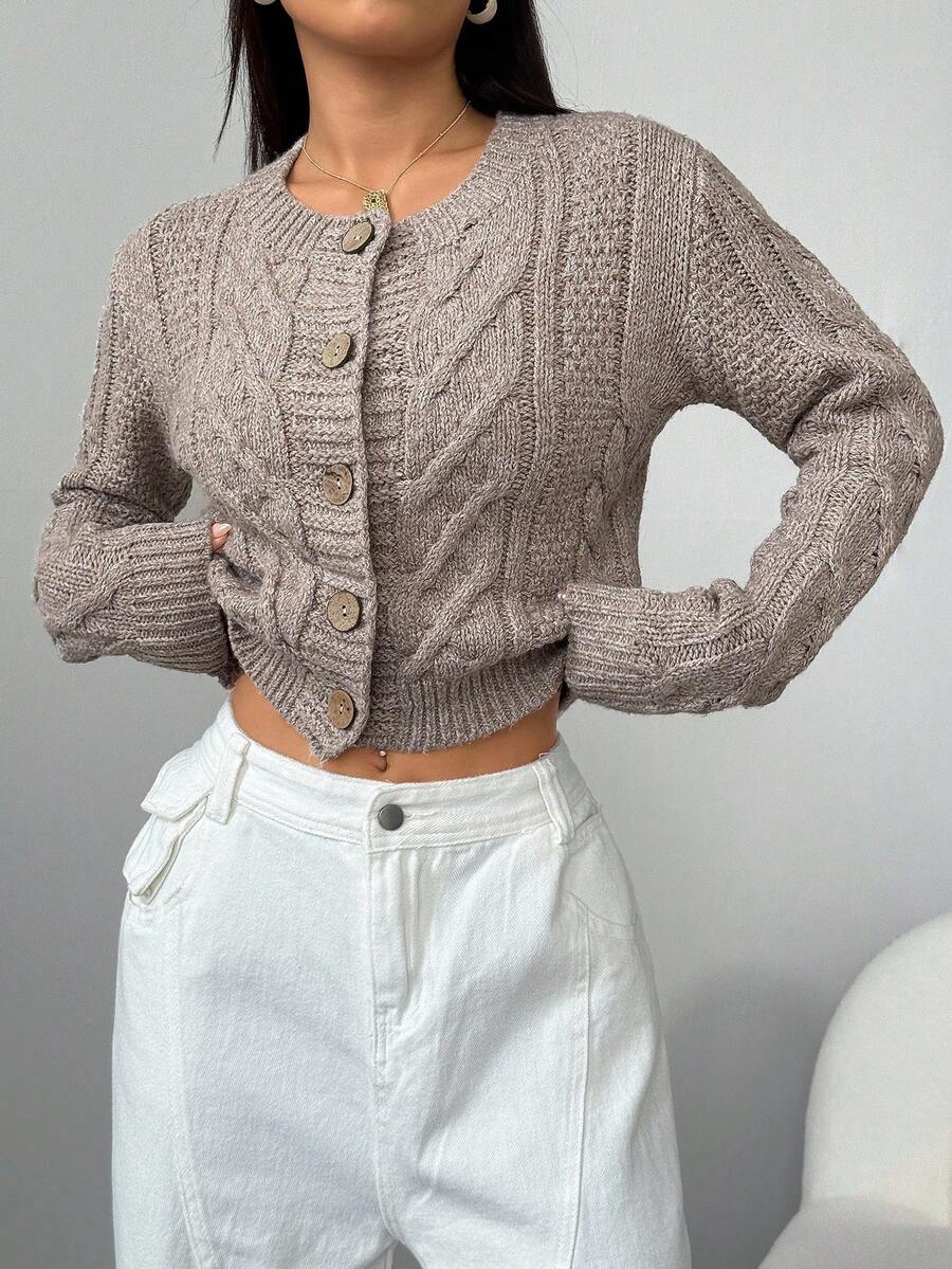SHEIN PETITE Women's Loose Fit Solid Color Crew Neck Long Sleeve Cardigan, Suitable For Vacation Knit Cardigan Brown Cardigan Cardigan Sweater Cable Knit Cardigan Cropped Cardigan In Fall/Winter