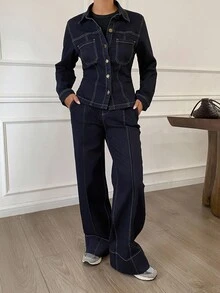 Livesso Conjunto de top con cuello vuelto y jeans de ajuste holgado para mujer en otoño - Azul - Ver 3