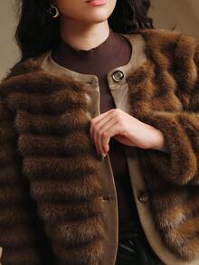 Anewsta Plus Size Women Faux Fur Single-Breasted Long Sleeve Jacket, Fashion For Autumn/Winter - Brown - View 5