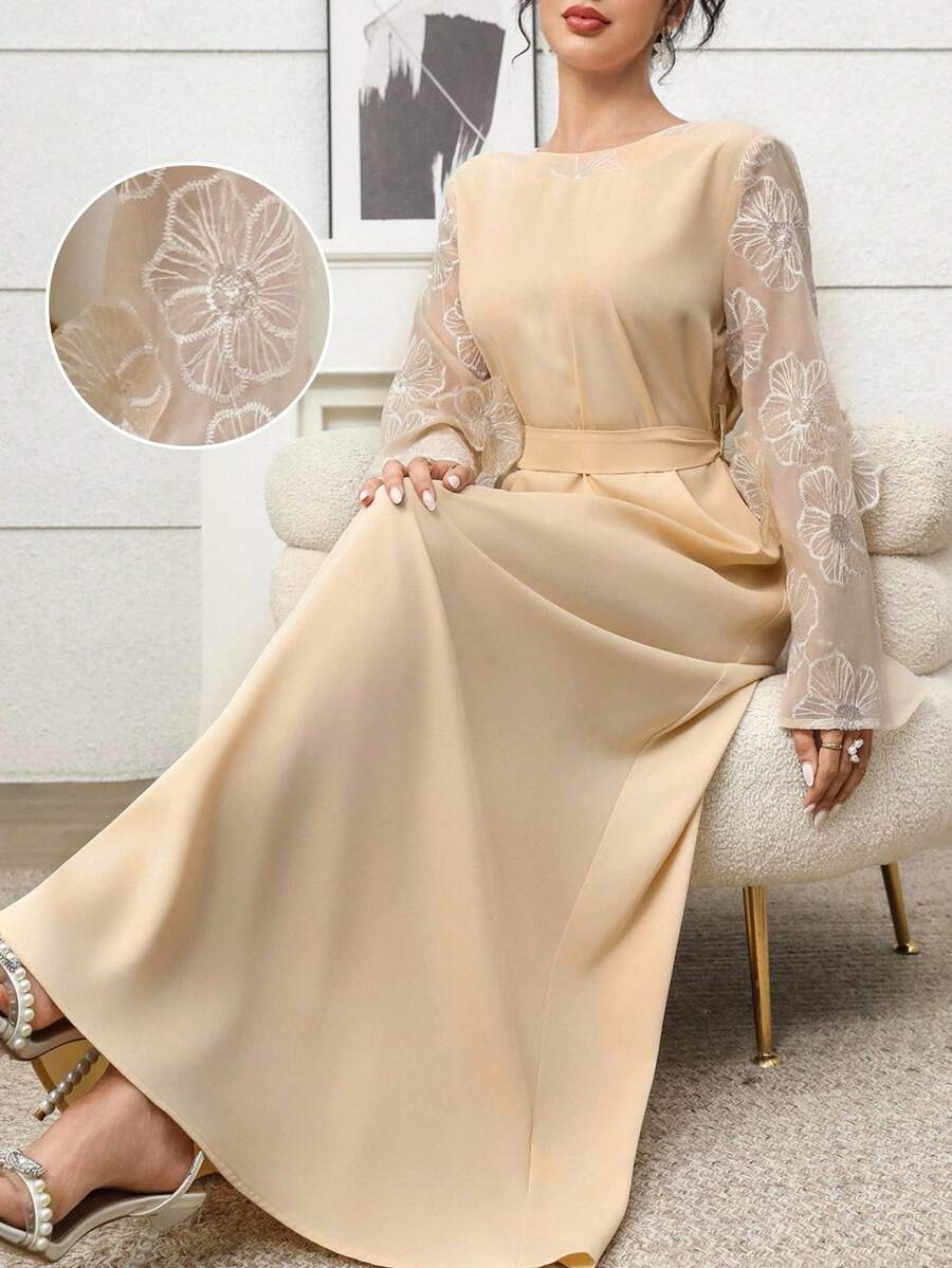 Al Najma 保守串珠刺绣土耳其女式长裙,阿拉伯传统长袍 - 杏色 - 查看 1
