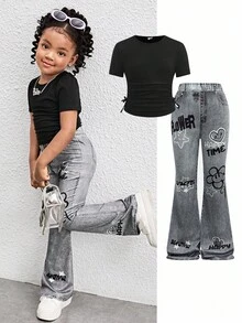 SHEIN 2 件套少女套装：纯色圆领针织 T 恤和修身休闲裤