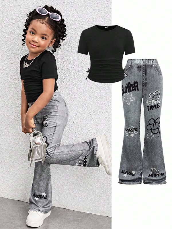 SHEIN Conjunto de 2 piezas para niña: Camiseta de punto de cuello redondo de unicolor y pantalones casuales ajustados