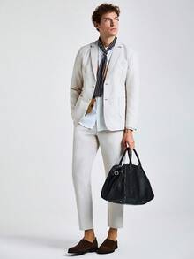 Marvello Homme 男士纯色翻领长袖西装外套和裤子休闲套装 - 米色 - 查看 1