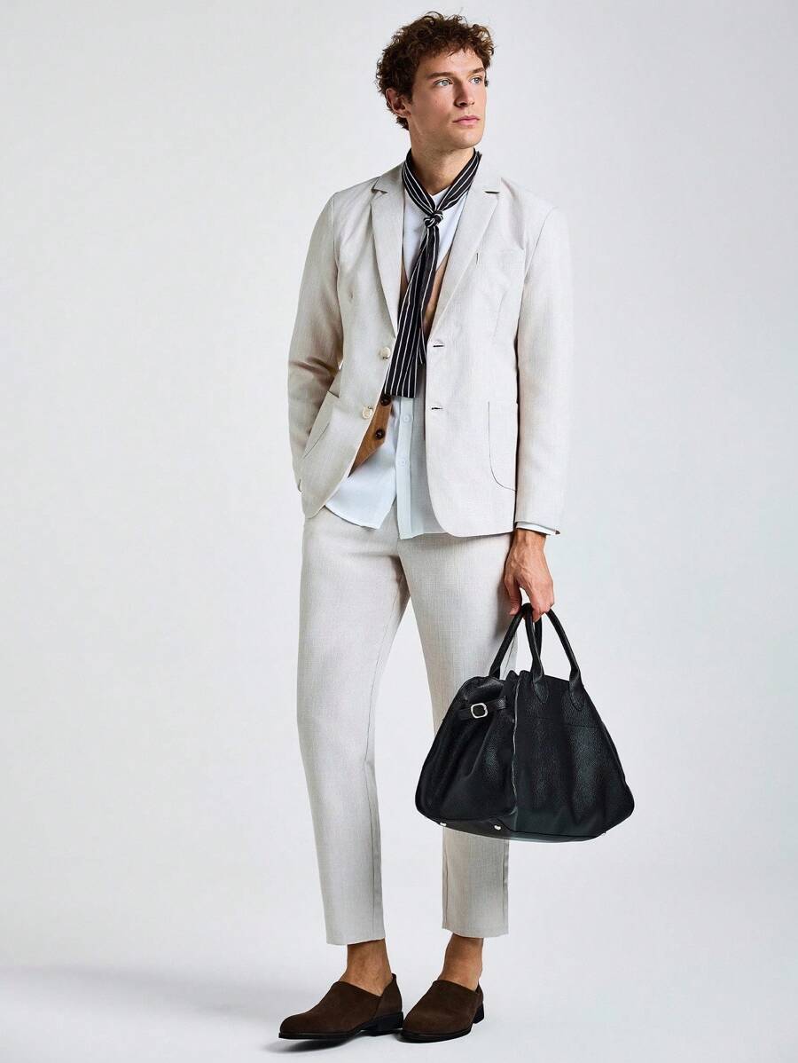 Marvello Homme 男士纯色翻领长袖西装外套和裤子休闲套装 - 米色 - 查看 1