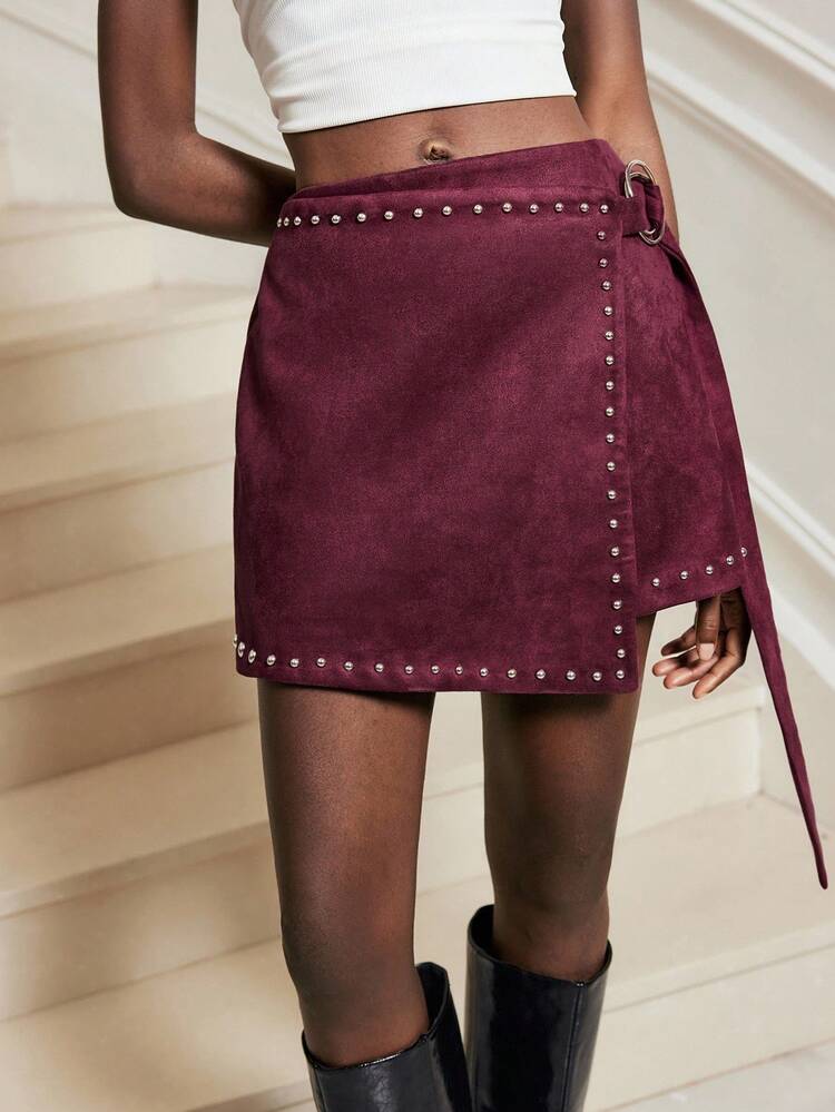 SHEIN Maija Women's Casual Suedette A-Line Short Skirt In Burgundy With Stud Embellishment And Wrap Front With D-Ring Belt Skirt Maroon Skirt Studded Skirt Burgundy Skirt Modern Vacation Nomadic Casual Fashion All-Match Women's Country Concert Clothing Western Style Women's Clothing Nomadic Style Bohemian High-End Elegance All-Match Country Concert Clothing Modern Vacation Nomadic Casual Fashion All-Match Women's Country Concert Clothing Western Style Women's Clothing Nomadic Style Bohemian