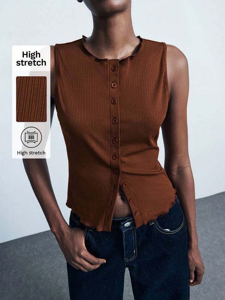 SHEIN Maija 2025 Modern City Ribbed Sleeveless Open Front Cardigan Top, Suitable For Back To School Season Brown Ribbed Top Rust Brown Tank Top Button Up Tank Top Brown Button Up Top Ribbed Tank Top Christmas Going Out, Fall For Women, Winter For Women, Winter, Night Out, Going Out Tops Women, Night Out, Date Night, Old Money Style