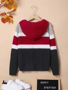 SHEIN Tween Boy Oversized Striped Hooded Pullover Sweater, Winter ,Fall - Red - View 2