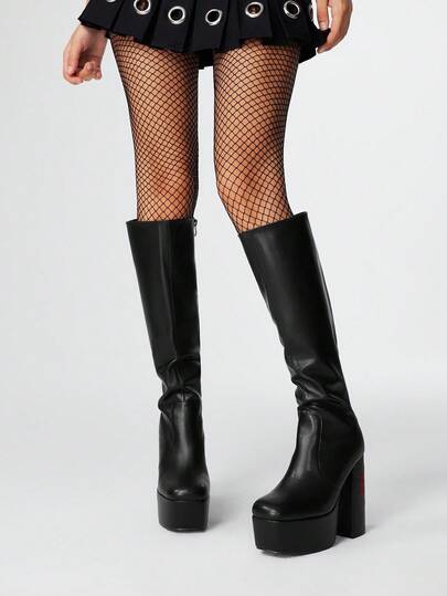 Grunge Punk Women's Outdoor Square Toe Thick High Heel Waterproof Platform Boots, Red Spider Web Embroidery, Black PU Material, Fashion Comfortable Nightclub Party Side Zipper Boots, Halloween