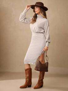 Wildy 女式休闲纯色高领开衩下摆日常针织连衣裙，秋冬 - 杏色 - 查看 6