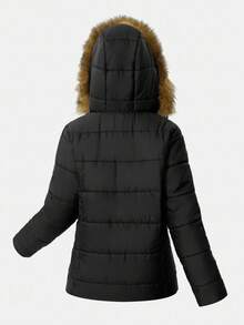 Girlism Áo khoác trùm đầu bông xù Colorblock thường ngày cho bé gái tuổi teen, mùa đông - màu đen - Xem 3