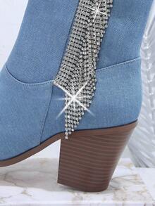 SHUZIA Rhinestone Decor Side Zipper Chunky Heeled Boots - Blue - View 6
