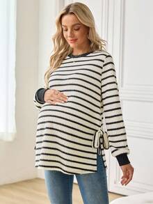 SHEIN 孕妇撞色条纹圆领长袖运动衫 - 黑與白 - 查看 5
