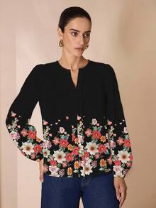 Glamance Shutterstock 黑色花卉休闲优雅精致简约女式长袖 V 领衬衫，适合日常、工作、郊游、办公室、复古旅行、教师节、秋冬 - 白色 - 查看 6