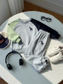 2pcs/Set Young Boys Casual Comfortable Versatile Colorblock Raglan Sleeve Crew Neck Sweatshirt & Long Pants Set, Young Boys Clothes For School, Thermal Lined Brushed Thick Tracksuit - Multicolor - View 3
