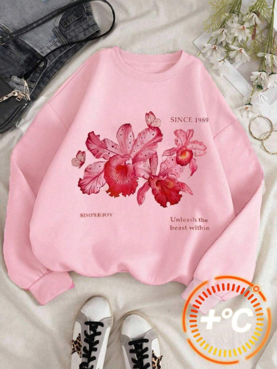 SHEIN Sudadera informal de cuello redondo de felpa rosa con estampado floral y de plantas para niña preadolescente, de vuelta al colegio, otoño, Y2K, Halloween, Glowmode, otoño, vacaciones, primer día de clases - Rosa - Ver 1