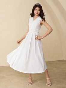 青少年 V 领收腰无袖连衣裙，优雅大方，适合返校、派对、万圣节、圣诞节 - 白色 - 查看 7