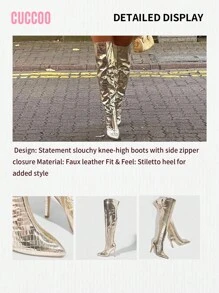 CUCCOO SZL 时尚欧美风格尖头过膝靴，细高跟，鹅卵石纹理，夜总会设计，万圣节圣诞节迪斯科派对性感夜总会坏人秋季 - 金色 - 查看 13