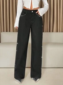 EURMUSE Women's Washed Black Extra Long Straight Leg Jeans With Side Stud Detail For A Casual Look - Black - View 1