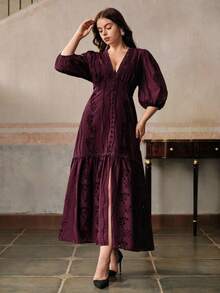 Anewsta 女士优雅浪漫镂空花卉刺绣V领拼接蕾丝边七分袖长款连衣裙，大码，适合夏季度假、约会、万圣节装扮、新年派对、毕业典礼等场合。 - 紫色 - 查看 5