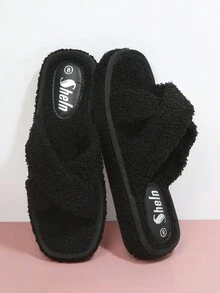 Zapatillas de peluche con tira cruzada con tira - Negro - Ver 3