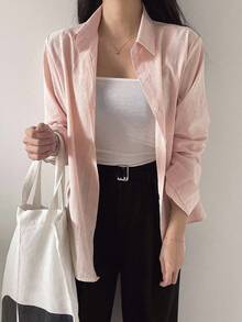 DAZY 女士条纹单排扣休闲商务休闲长袖衬衫 - 淺粉色 - 查看 2