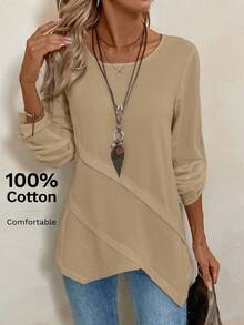 EMERY ROSE Women's White Asymmetrical Hem Round Neck Blouse - Khaki - View 1