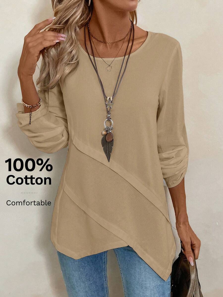 EMERY ROSE Women's White Asymmetrical Hem Round Neck Blouse - Khaki - View 1