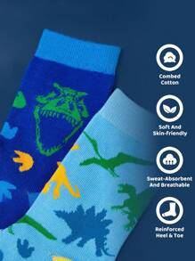 Discovery X SHEIN 2 Pairs Dinosaurs Boys Cotton Soft & Breathable Moisture-Wicking Kids Mid-Calf Socks Blue Cute Cartoon Crew Socks Reinforced Toe & Heel For Durability All Seasons All-Match School & Outdoor Summer Winter - Multicolor - View 2