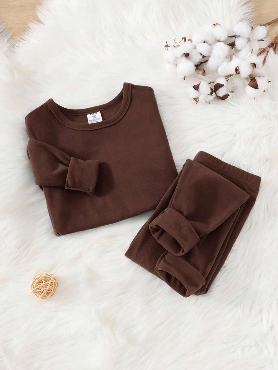 SHEIN 2pcs Tween Boy Snug Fit Comfortable Long Sleeve Top And Long Pants Thermal Underwear Set Fall Winter - Brown - View 1