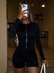 SHEIN Women's Solid Color Zip-Up Turtleneck Long Sleeve Jumpsuit Fall Cloth For Women - Black - View 7