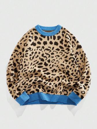 Street Life Jersey de cuello redondo de manga larga, de corte holgado y estampado de leopardo, para hombre, para otoño/invierno