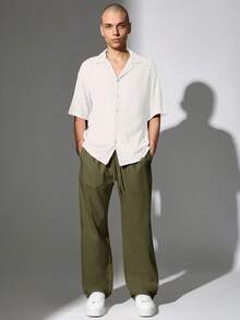 SUMWON 阔腿亚麻混纺抽绳裤休闲夏季长裤舒适直筒剪裁宽松宽松度假海滩休闲裤度假日常休闲裤 - 橄欖綠 - 查看 3