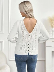 SHEIN Maternity Solid Color Hollow Back Design Crew Neck Loose Knit Sweater, Autumn - White - View 3
