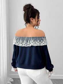 SHEIN CURVE+ Plus Size Costura Contraste Cor Renda Renda Simples Moda Estilo Comunhão Saindo Elegante Cor Sólida Moletom Feminino - Azul marinho - Ver 2