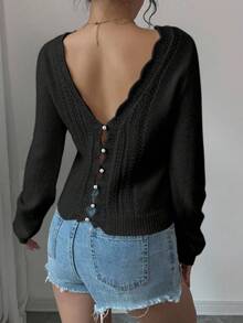 SHEIN Unity Women's Casual Solid Color Back Button Sweater Fall Winter Cloth For Women - Black - View 2