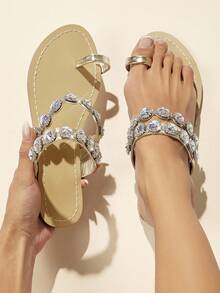SHUZIA Sandalias planas de punta decoradas con diamantes de imitación para mujeres - Albaricoque - Ver 3