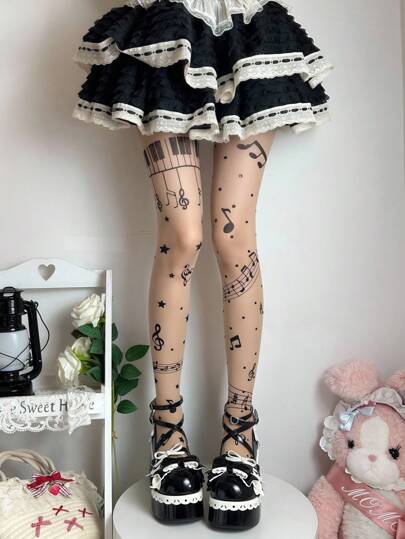 Kawaii Women's Musical Note, Piano Keyboard, Star & Polka Dot Asymmetrical Random Print Design Elastic Tights, Pantyhose, Leggings, Fashion Versatile