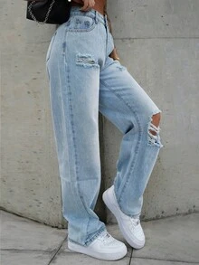 SAYEHFBABY Women's Fashion High Waist Straight Wide Leg Ripped Jeans - Light Wash - View 6